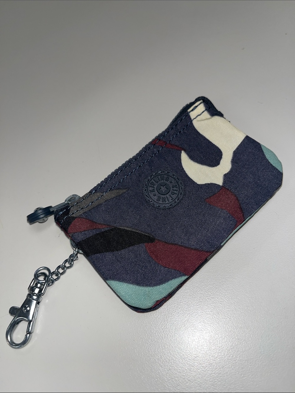 Kipling Navy Camouflage Mini Key Pouch with Teal & Burgundy Accents